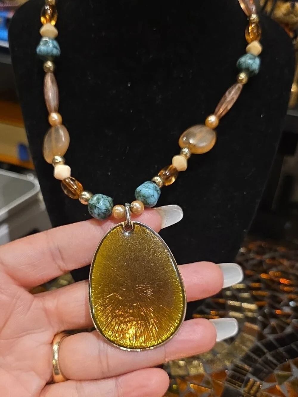 Amber Teardrop Pendant Necklace with Turquoise Accents